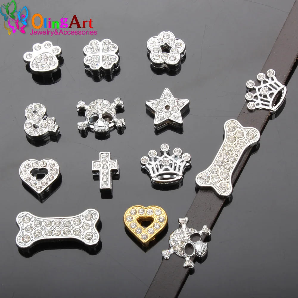 6pcs/Lot Ghost Head/Crown/Cross Various Shapes Etc Slider Spacer Fit 10mm Flat Leather Cord Bracelet Jewelry Making