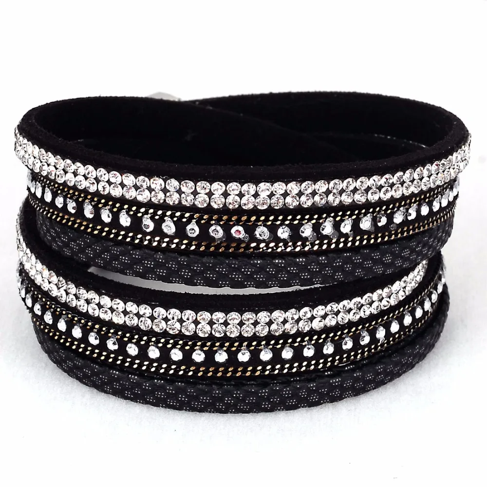 Wholesale Miasol Full Pave Crystal Rhinestone Metal Chain Double Wrap Leather Bracelet For Women Fashion Bracelet Jewelry Gift