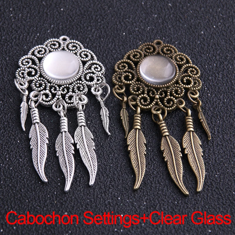 12mm 2pcs Alloy Two Color Vintage Tree Leaf Feather Wings Fame Style Round Cabochon Necklace Pendant For Diy Make