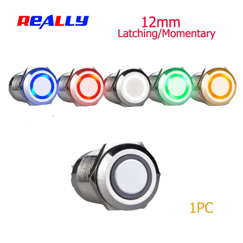 REALLY 12mm Metal Annular Push Button Switch 1NO Ring LED 5-380V 12V 6V Self-lock Momentary Waterproof Car Auto Engine