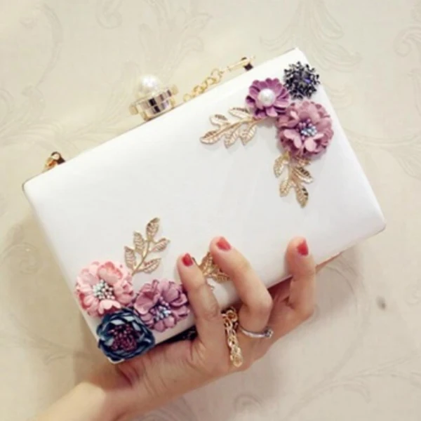 Fashion Women Leather Evening Bag Dinner Party Lady Wedding Flower Clutch Purse(white)