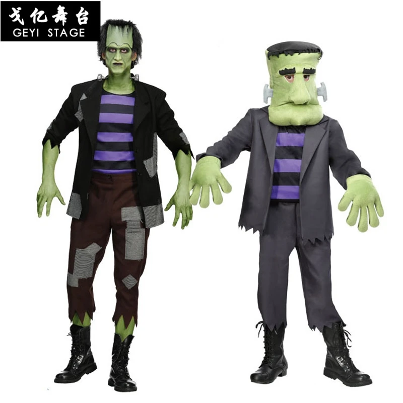 Nieuwe Frankenstein Groen Kostuum Spier Halloween Kostuum Voor Kinderen Jongen Volwassen Cosplay Mannen Jumpsuit Met Masker Accessoires