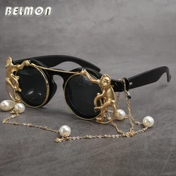 Belmon Baroque Steampunk Goggles Sunglasses Women Round Sun Glasses For Ladies UV400 Vintage Oculos de Sol Female Sunglass RS663