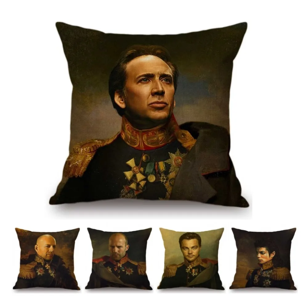 Neoclassic Movie Stars in General Costume Oil Painting Decorative Chair Throw Pillow Linen Celebrity  Face Replace Cushion Cover