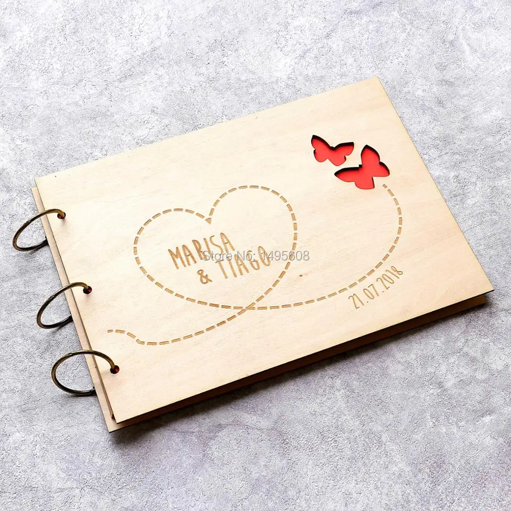 personalized butterfly wedding Wooden Hearts Guest book Memory album engraved Alternative guestbooks birthday party favors