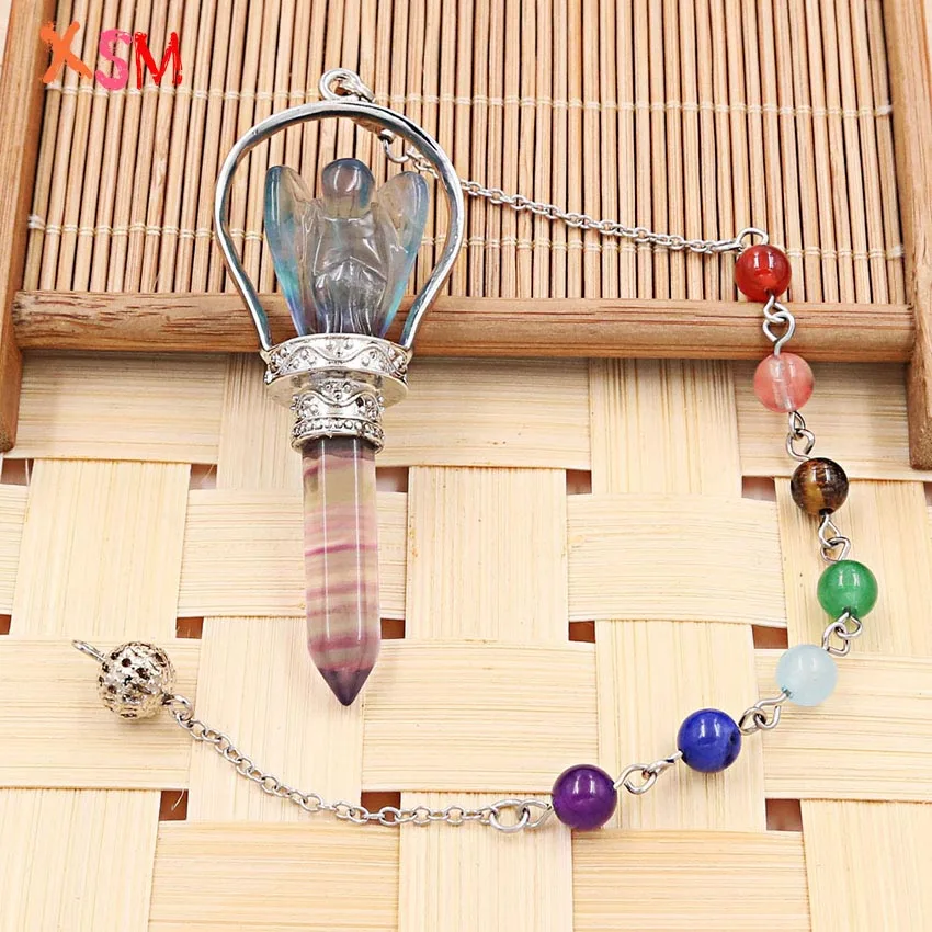 7 Chakra Chain Pendulum Pendant Natural Stone Fluorite Angel Reiki Healing Hexagonal Column Wicca Amulet Dowsing Charms Jewelry