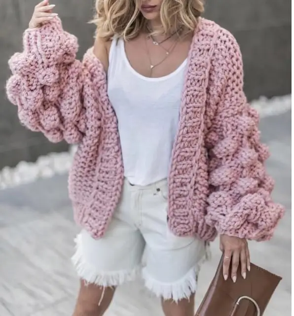 2022 Autumn Winter women sweater ball lantern sleeved cardigans female knitting pull Coarse lazy cadigans women sweater jumper