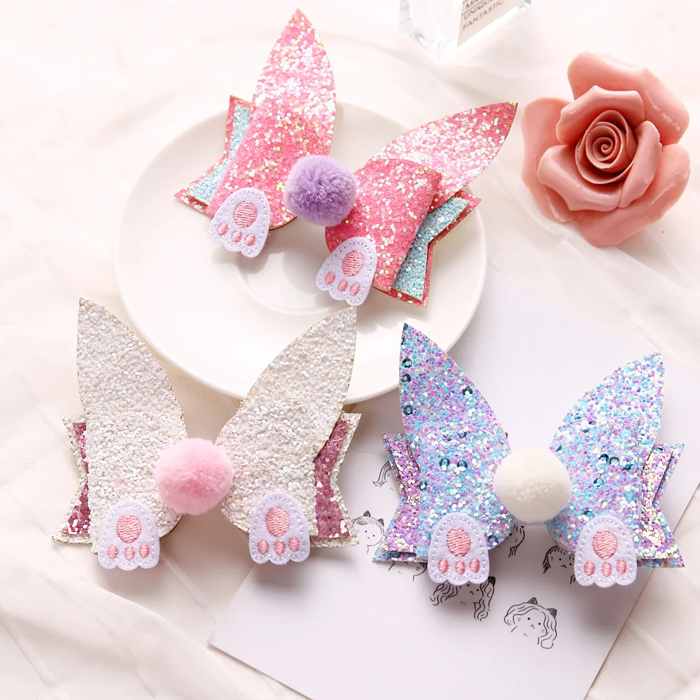 

Boutique ins 15pcs Fashion Cute Glitter Rabbit Ears Bowknot Hairpins Pom Pom Animal Ears Bow Hair Clips Easter Princess Headwear