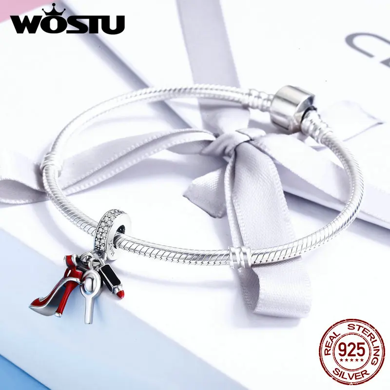 WOSTU Hot Sale 925 Sterling Silver Women Shoes, Mirror Makeup Pendant Beads fit Charm Bracelet Jewelry For Women Gift CQC457