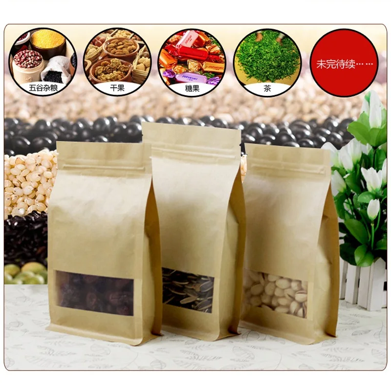 500pcs/lot Kraft paper Stand up Window Packaging Bag Snack Cookie Tea Packaging Frosted Window Self seal Bag Gift Bags Pouch