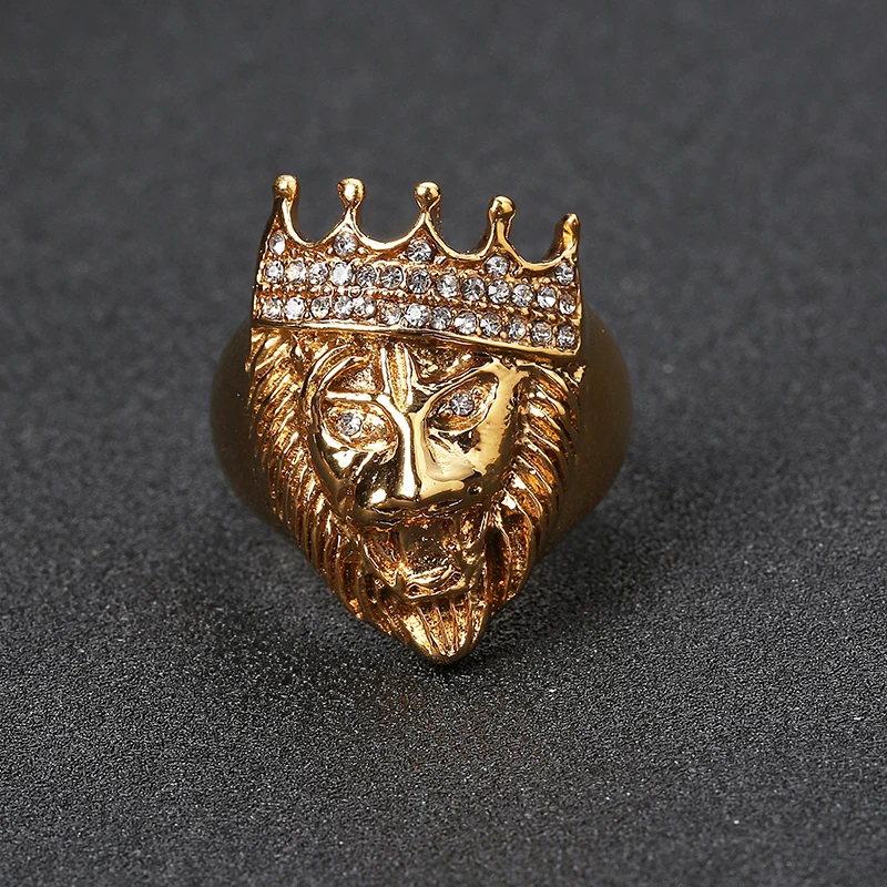 New Gold Color King Lion 's Head and Crown Ring Stainless Steel Men Hip Hop Punk Animal Shape CZ Crystal Ring Male Jewelry Gifts