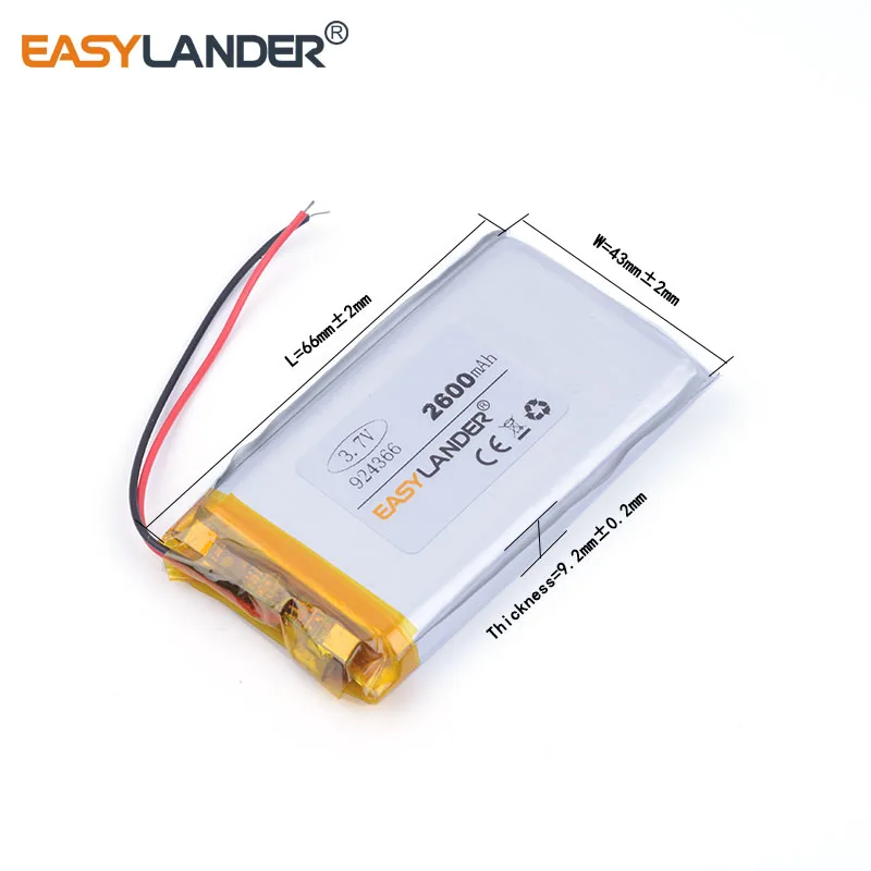 리튬 폴리머 배터리 3.7 2600mah 924366 충전식 배터리 전원 led 로그인 andorid 전화 완구 PDA 도구
