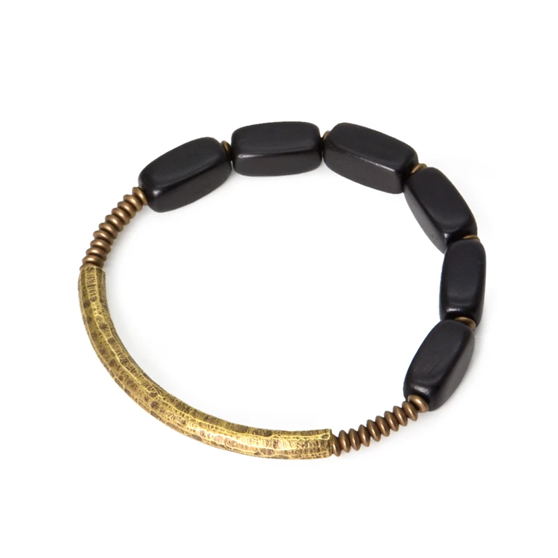 Hammered Brass Ebony Rosary Beads Bracelet Black Wood Spiritual  Male Female Wristbands For Men Women Metal Wrist Ornament