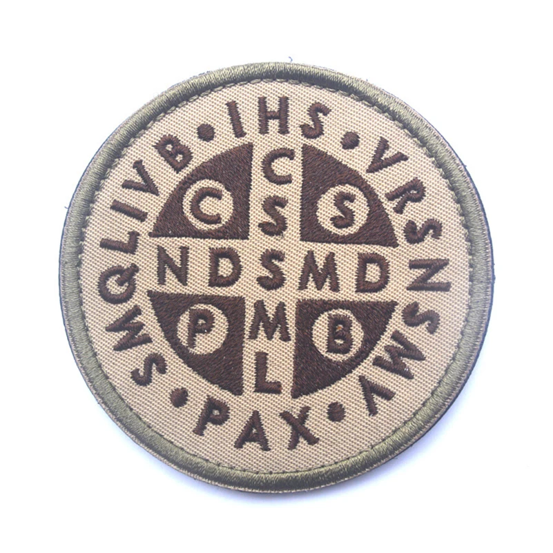 Saint Benedict Cross Patch Burnt Bronze Catholic St. 3D Embroidered Patches Stickers For Clothing Backpack