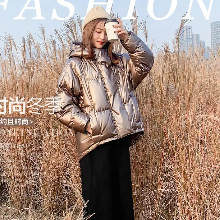 Winter Silver golden Down cotton female  Korean fashion chic glossy fabric ins noodles college style bread fluffy coats wq2414