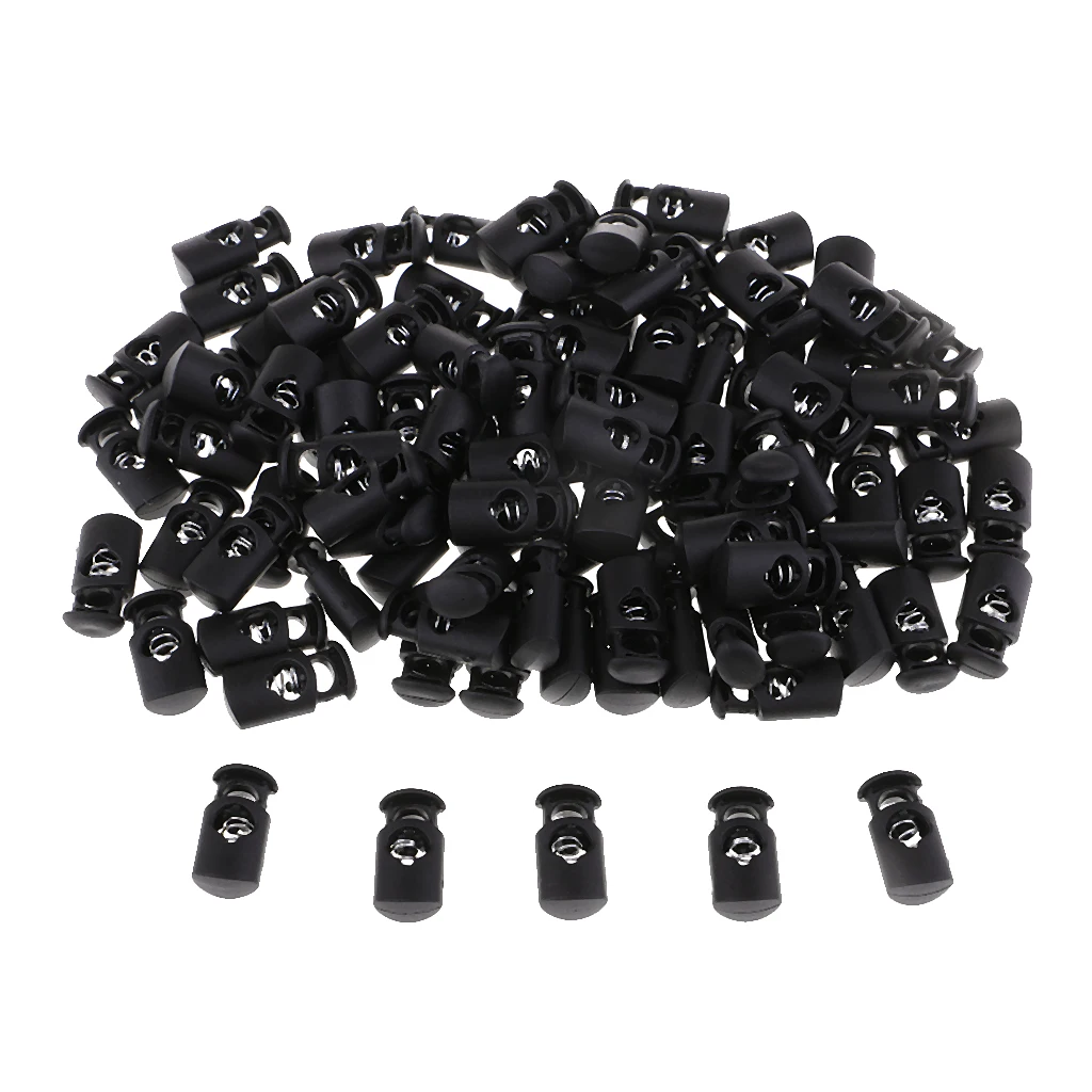 100pcs Black Plastic Toggle Spring Clasp Stop Single Hole String Cord Locks