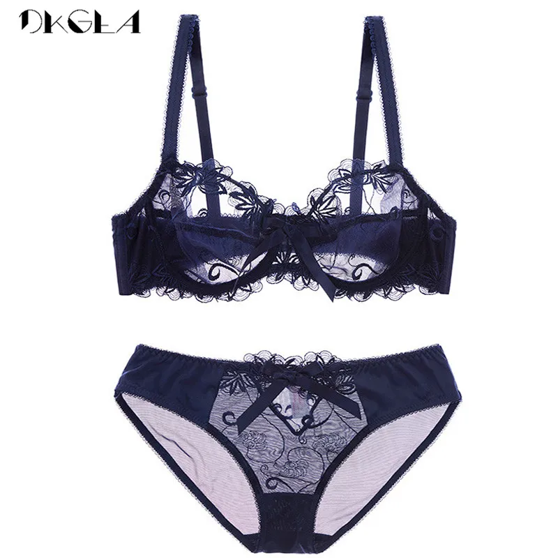 New Fashion Embroidery Lingerie Set Women Bras C D Cup Plus Size Underwear Set Sexy Black Transparent Bra and Panties Sets Lace