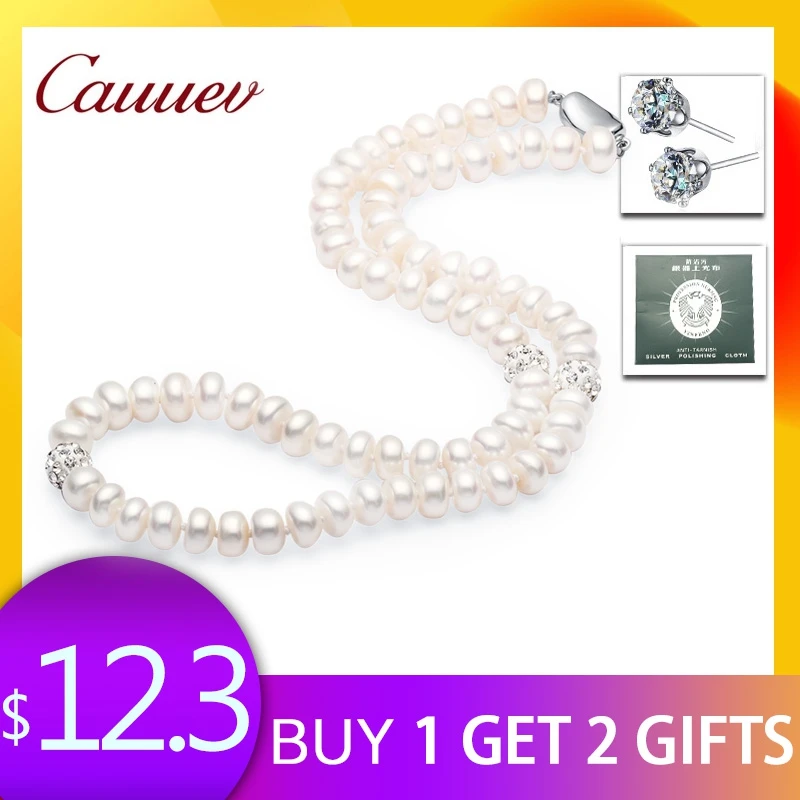 Cauuev2023 Pearl Necklace 925 Sterling Silver Jewelry For Women 8-9mm Crystal Ball  Natural Freshwater Pearls  Necklace Jewelry