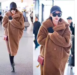 Harppihop*new arrival free shipping real sheep fur coat long style wool coat camel teddy coat over size winter women coat