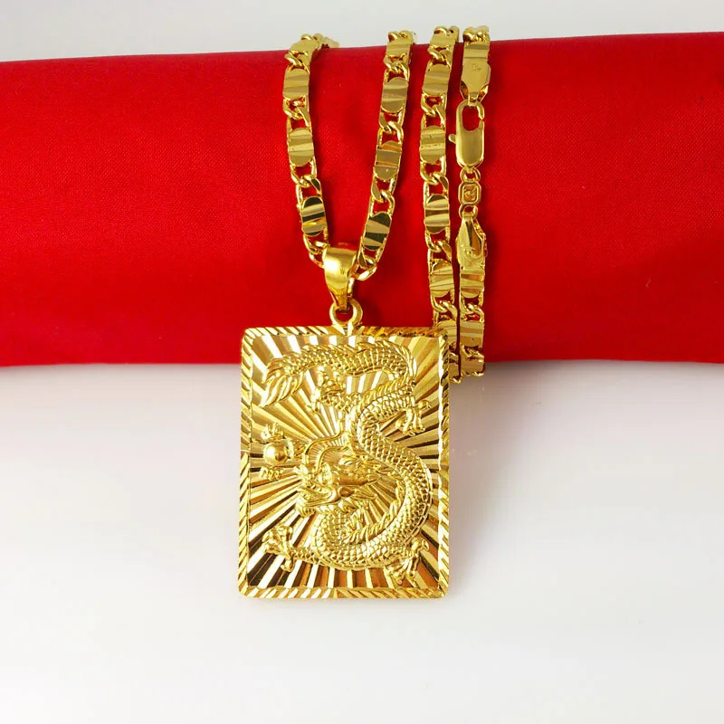 Statement Dragon Pattern Pendant Necklace for Men Yellow Gold Filled Tiles Chain Necklace 23.6