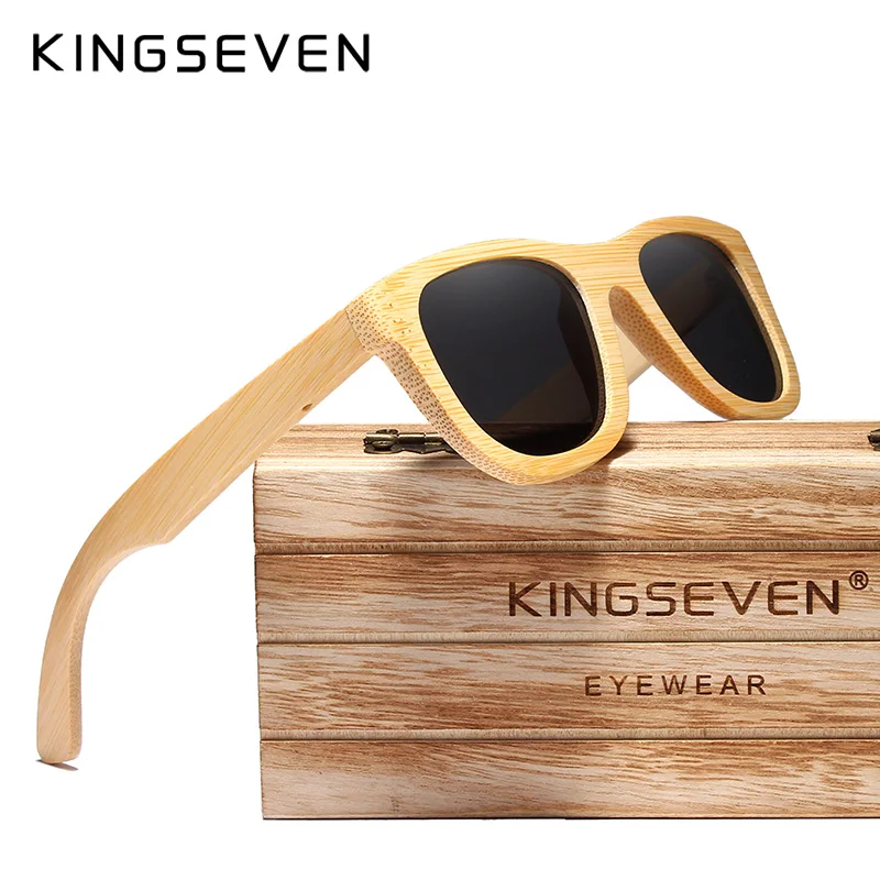 KINGSEVEN-Lunettes de soleil rétro en bambou pour hommes et femmes, miroir polarisé, UV400, lunettes de protection des yeux, plein cadre, nuances de bois, lunettes faites à la main