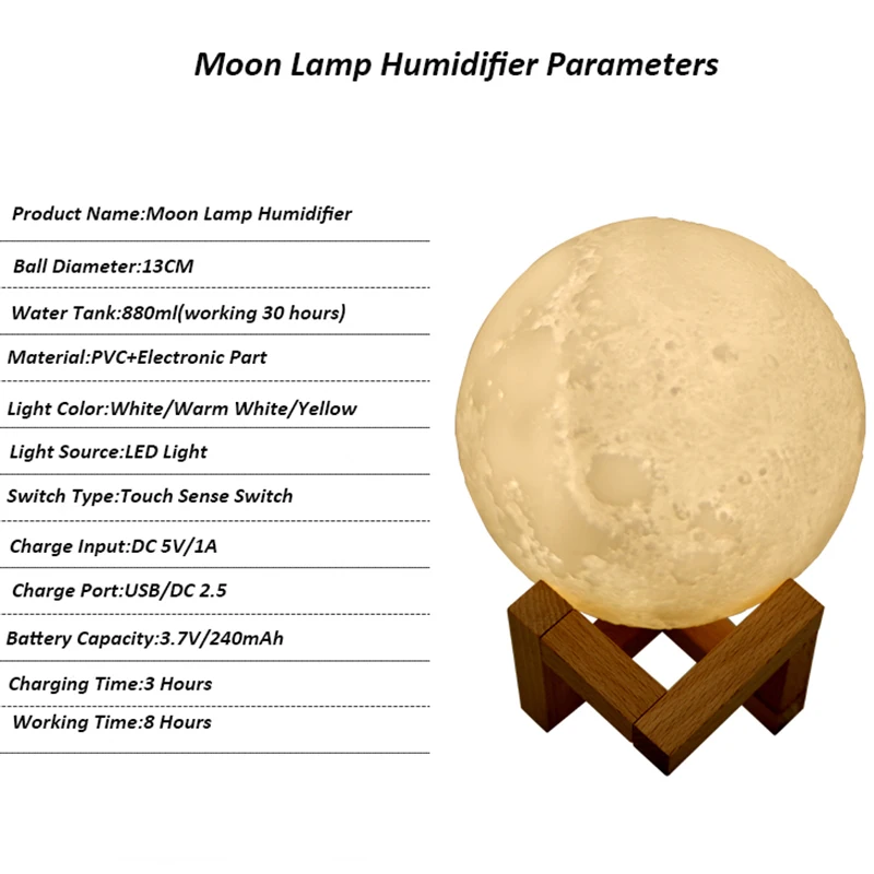 880ML Mond Lampe Luftbefeuchter Simulation 3D Mond Nacht Licht Ultraschall-luftbefeuchter Dimmbare USB Humidificador Nebel Maker