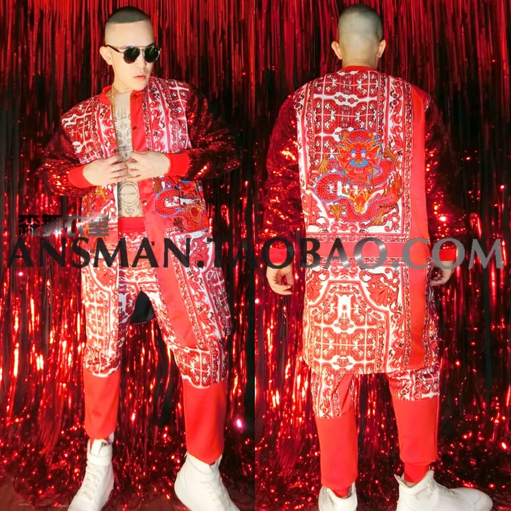 M-6XL!!Bar and nightclub male singers hand Chinese New Year silk embroidered loose coat stage costumes.