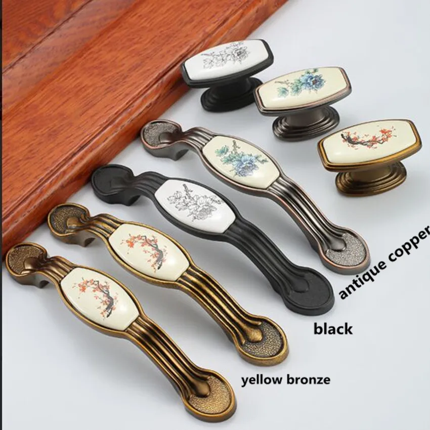 

96mm 128mm Retro Rural Printing ceramic kitchen cabinet cupboard door handles bronze black dresser drawer cabinet knob pull 5"