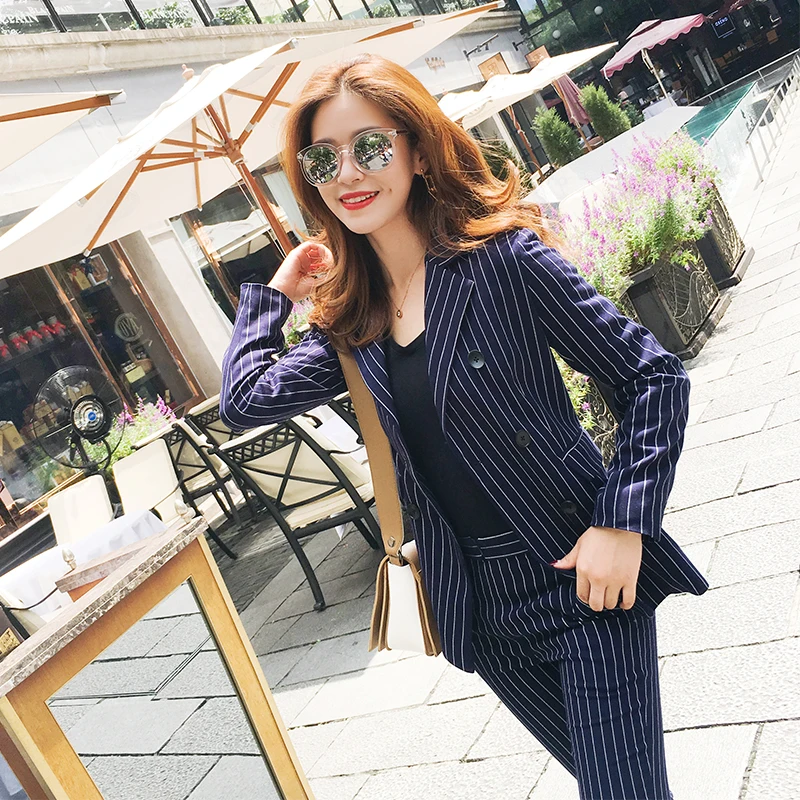 Quality Women\'s Business Set 2018 new British retro fashion casual striped ladies suit ladies professional two-piece suit