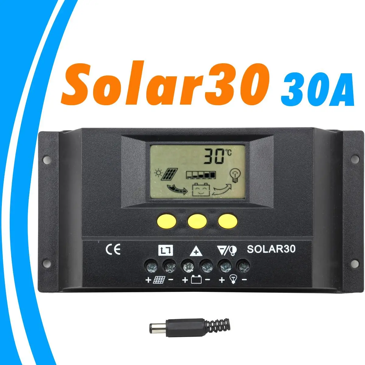 PWM Controller Solar 30A 12V 24V Auto LCD Display for Max 360w and 720w Panel Solar with Temp Senor Light and Timer Control