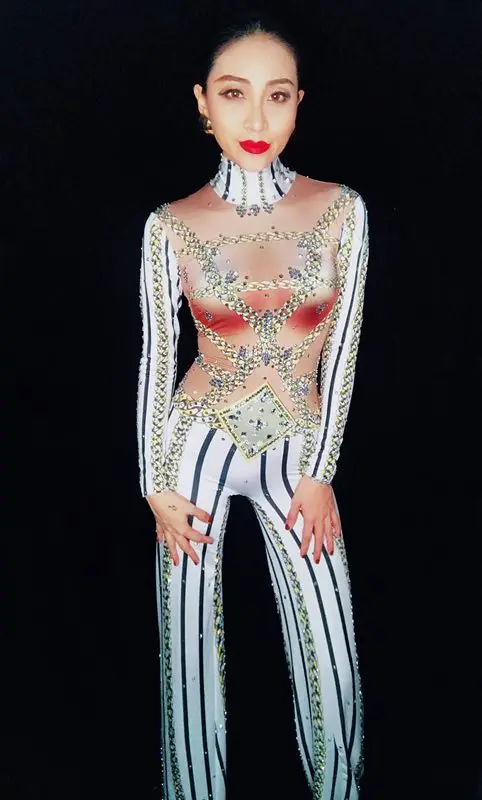 Berkilau Rhinestones Stripe Dicetak Jumpsuit Longgar Celana Penyanyi wanita Bodysuit Seksi Klub Malam perempuan Partai Tahap Tampilkan Pakaian