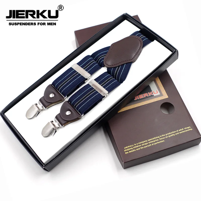 JIERKU Suspenders Man's Braces Leather 4Clips Suspensorio Fashion Trousers Strap Father/Husband's Gift Tirantes Hombre JK4C08