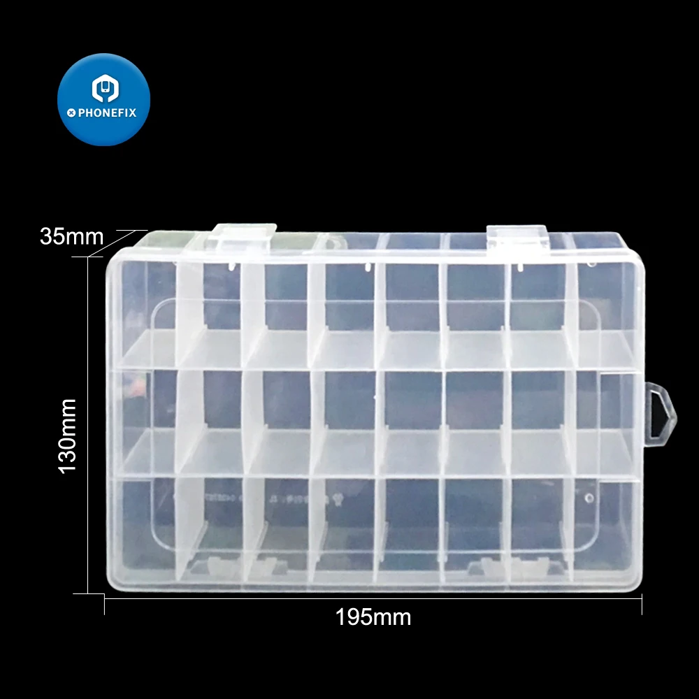 Caixa de plástico de armazenamento de 24 grades, para acessórios de telefone, peças de reposição, contêiner, eletrônico prático, organizador de reparo