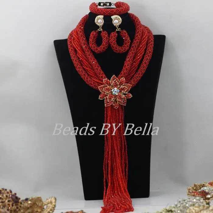 

Hot Braid Crystal Beads Necklace Nigerian Wedding Red African Beads Jewelry Set Fashion Bridal Jewelry Sets Free Shipping ABF442