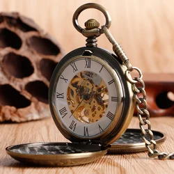 Retro Bronze Hollow Case Double Full Hunter Design Roman Number Skeleton Mechanical Pocket Watches Steampunk Fob Watch for Men
