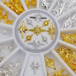 Mezcla de diamantes de imitación metálicos para decoración de uñas, gemas doradas y plateadas, forma de estrella, rueda de salón DIY, 2 tamaños