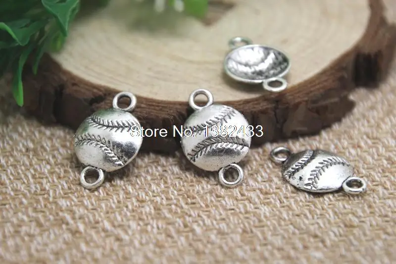 30pcs baseball Charms Antiqued Silver Tone baseball connector charm pendants 22x14mm