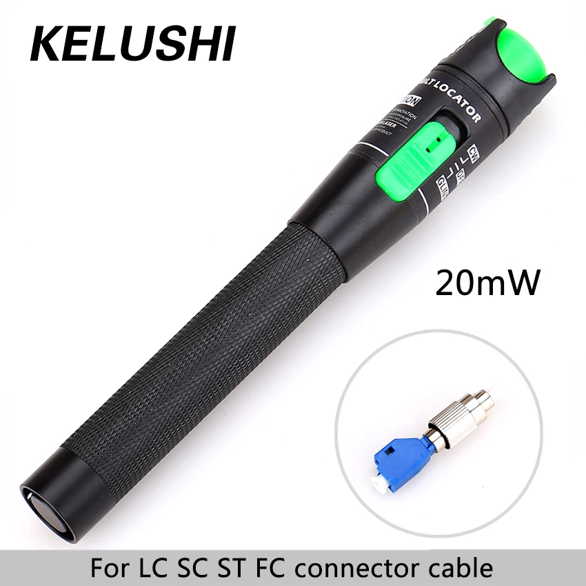 KELUSHI 20mW Aluminium Fiber Optic Visual Fault Locator Cable Tester Meter with 2.5mm FC/SC/ST/LC Connector