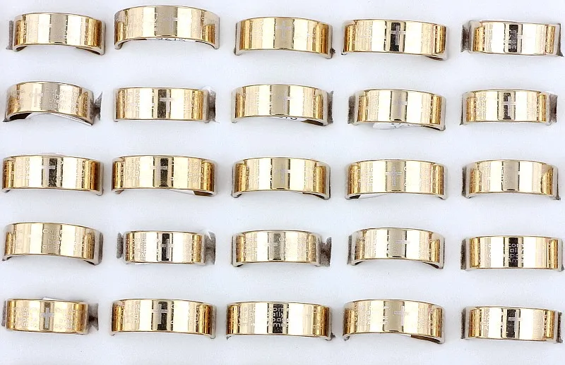 Wholesale Bulk Lots 120Pcs Fahion Men's Gothic Gold English Scriptures Cross Stainless Steel Rings Christian Xmas Gift Free