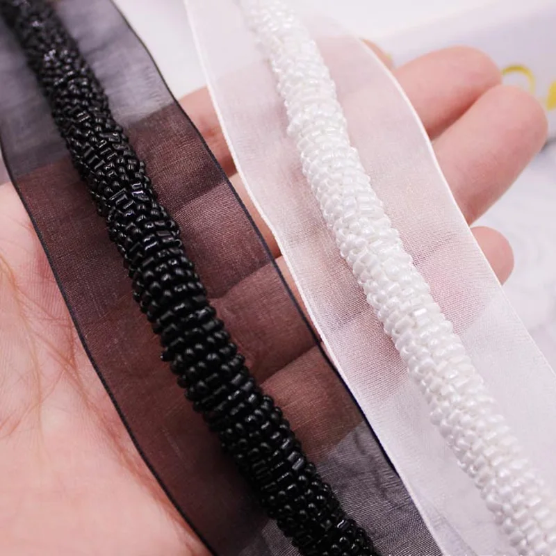 

20yards/lot white black craft beaded fake pearls lace trim bead lace ribbon neckline costume applique sewing on clothes