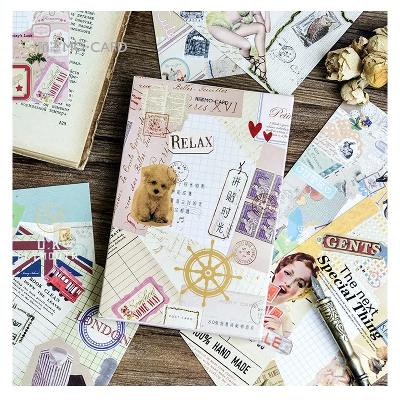 

30PCS Vintage Collage Time Postcards Set - Retro Scrapbook Greeting Cards Handmade Paper Art Unique Gifts