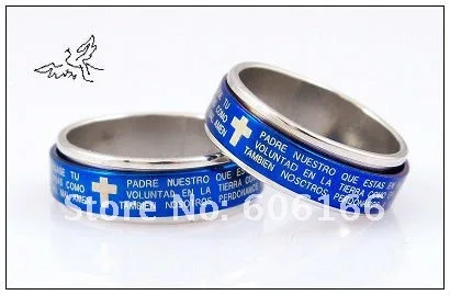 Wholesale Spanish Bible Lord's Prayer Cross Ring Blue Spin Stainless Steel Rings Fashion Religious Jewelry