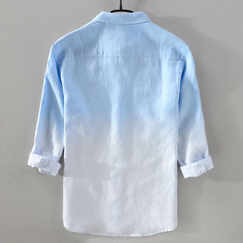 New Designer Pure Linen Shirt Men Brand Three-Quarter Sleeve Fashion Gradient Blue Shirts For Men Casual Camisa Chemise