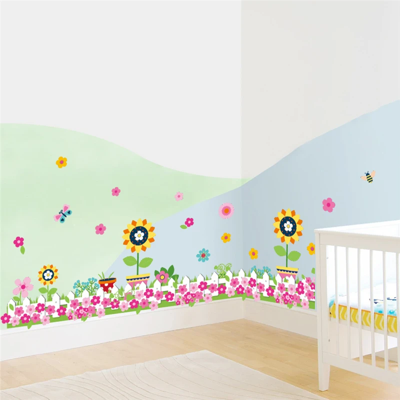 Pastoral Flowers Grass Fence With Butterfly Wall Stickers Pvc Decals Mural Art For Office Shop Bedroom Baseboard Home Decoration