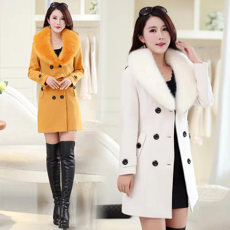 High-quality woolen coat women\'s long section 2018 winter Korean women\'s hair collar woolen coat double-breasted coat DF01