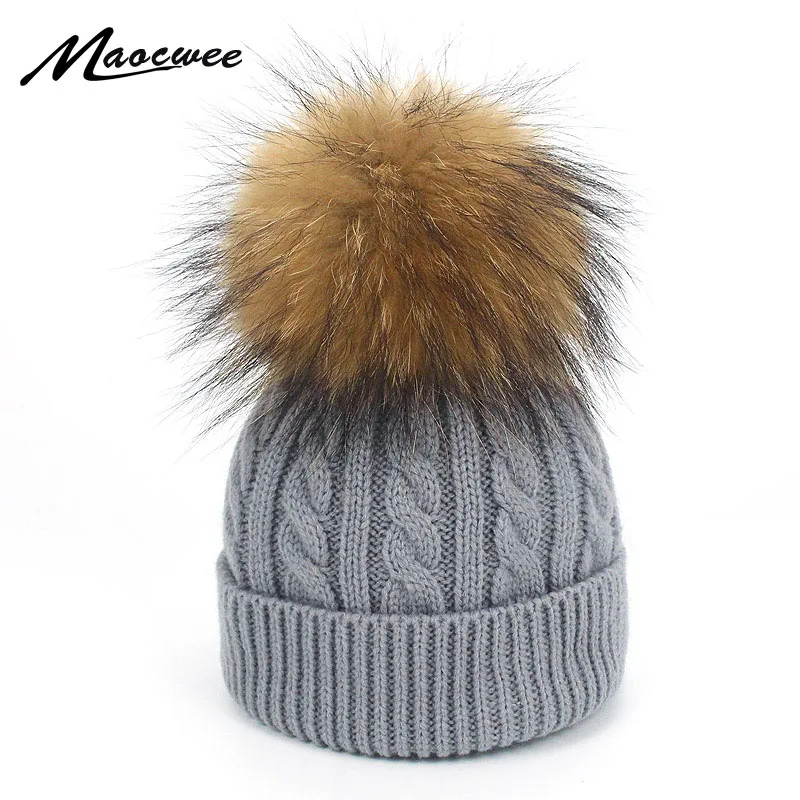 

Brand Skullies Beanies For Kids Real Fur Ball Cap Winter Hats Children Kids Boys Girls Pompom Hat Winter Pom Poms Beanie Hats