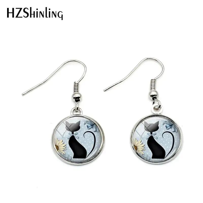 NHE-0114 New Siamese Cats Fish Hook Earrings Black Cat Silhouette Pendant Earrings Glass Hand Craft Jewelry