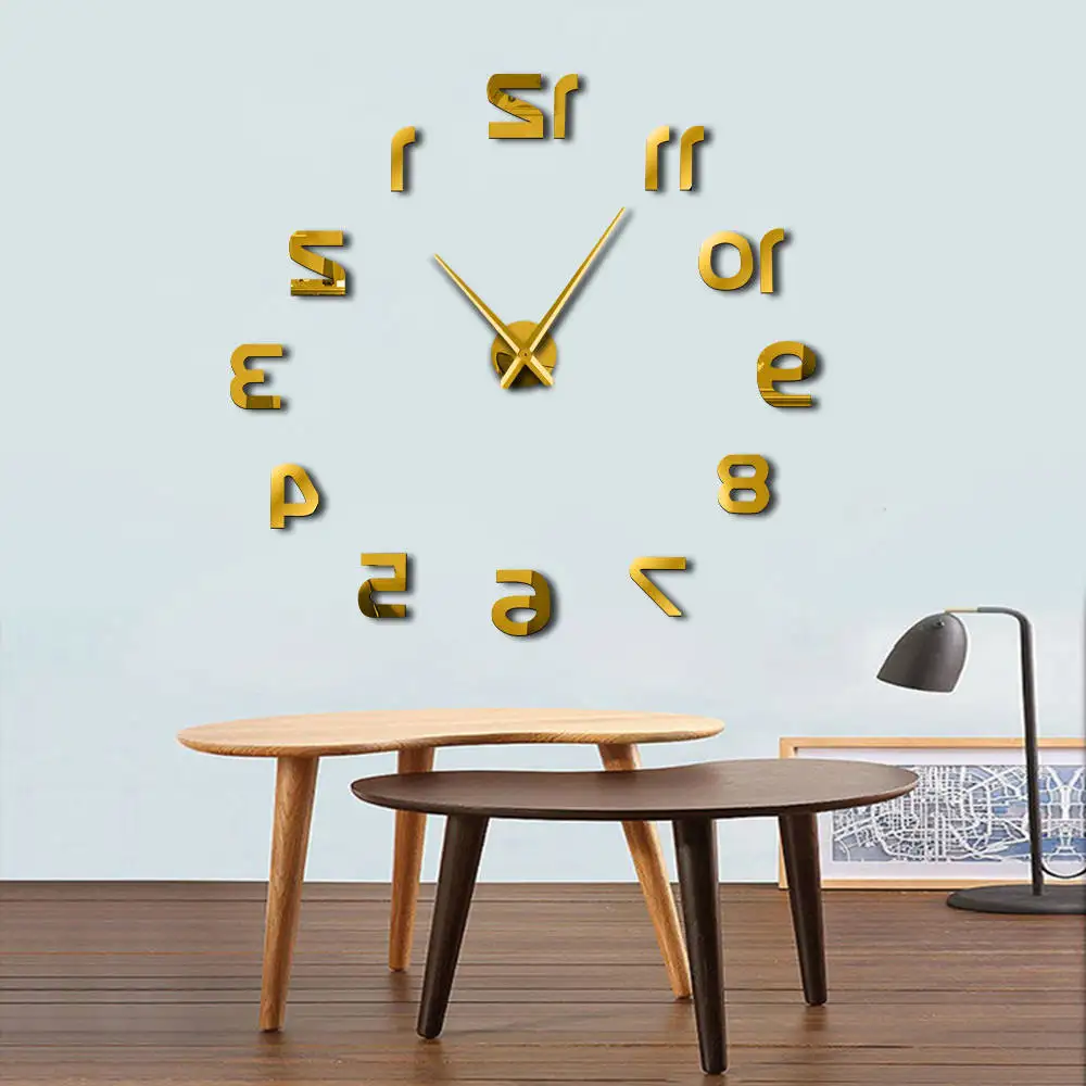 Backwards 3D DIY Large Wall Clock Modern Reverse Numbers Frameless Time Watch Luxury Mirror Effect Big Needle Reverse Clock