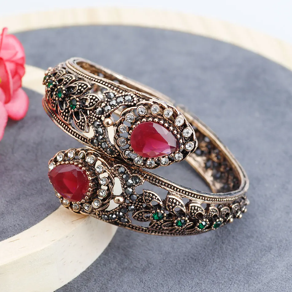 Bohemia Women Bracelet Vintage Flower Resin Bangle Antqiue Gold Color Turkey Ethnic Wedding Charm Bracelets Bronze Jewelry Gift