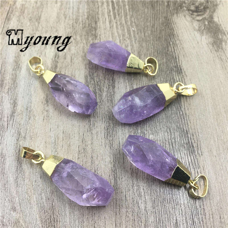 

Faceted Amethysts Nugget Charms,Purple Crystal Quartz Pendants with Golden Bail For DIY Jewelry MY1936